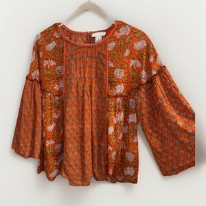 Rachel Zoe Top Size L Floral Mixed Print 3/4 Bell Sleeve Boho Peasant Shirt